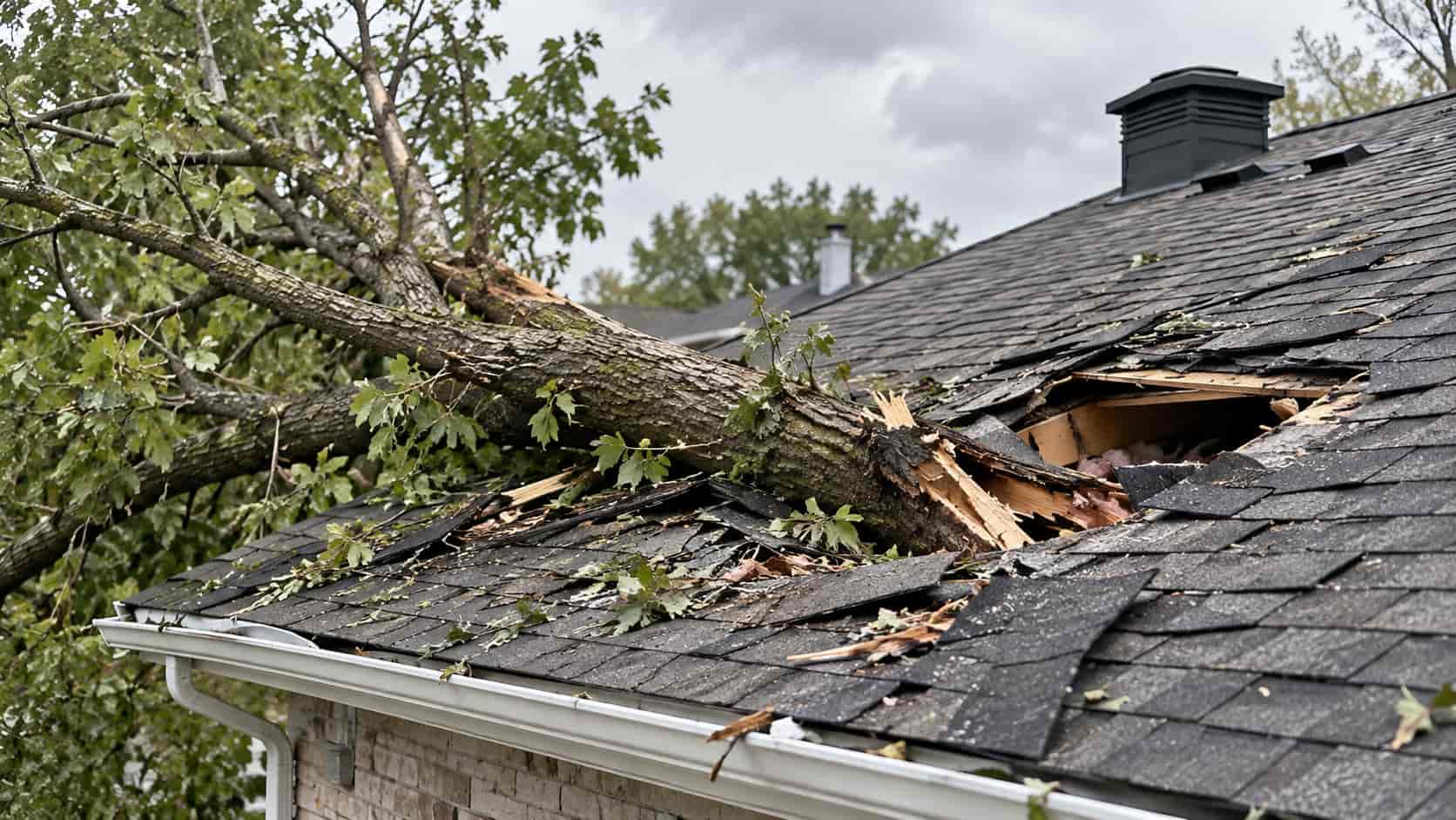 Toit résidentiel endommagé par un arbre reparation toiture apres sinistre Toit résidentiel endommagé par un arbre reparation toiture apres sinistre